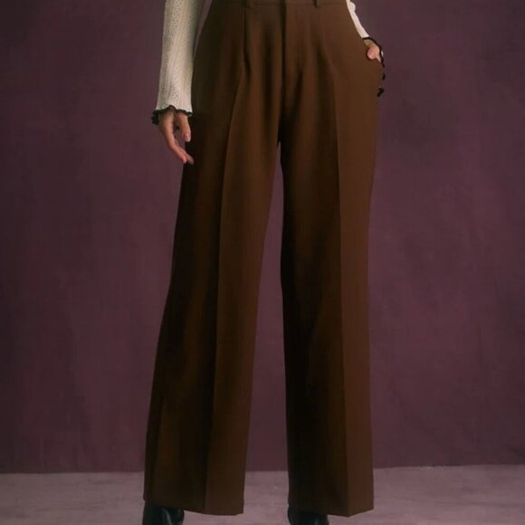 RIHOAS Women's Size Large Coffee Brown Zip Button Slant Pocket Wide Leg Pants - Picture 1 of 15